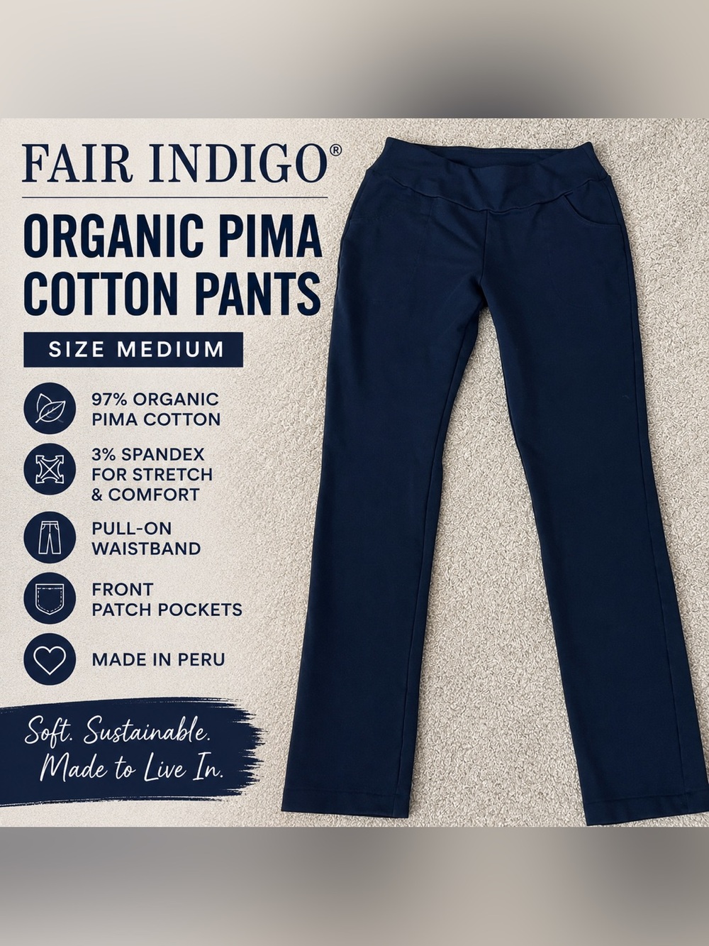Fair Indigo Organic Pima Cotton Navy Pull-On Pants M Medium Comfy Stretch Pants